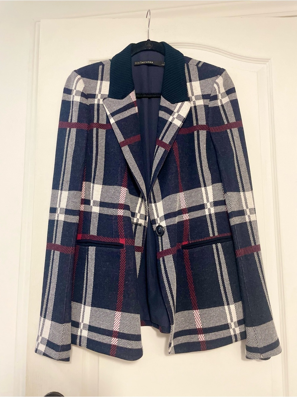 Iris Setlawke Plaid Navy Blazer with Contrast Collar - Size 10
